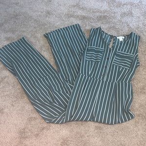 Green Striped Pocket Tie Flowy Flare Button Up Neutral Casual Relaxed Jumpsuit